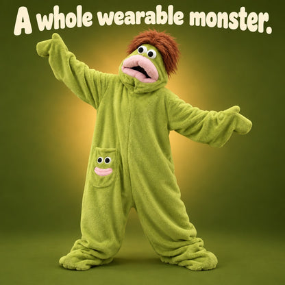 SnugBeast oversized fleece monster hoodie with googly eyes and pink lips on the hood