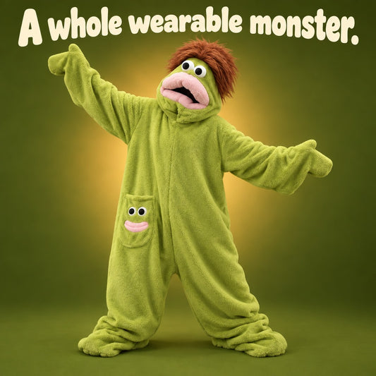 SnugBeast oversized fleece monster hoodie with googly eyes and pink lips on the hood