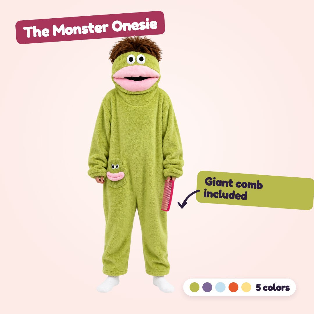 SnugBeast Monster Onesie in green with the giant comb and five color options