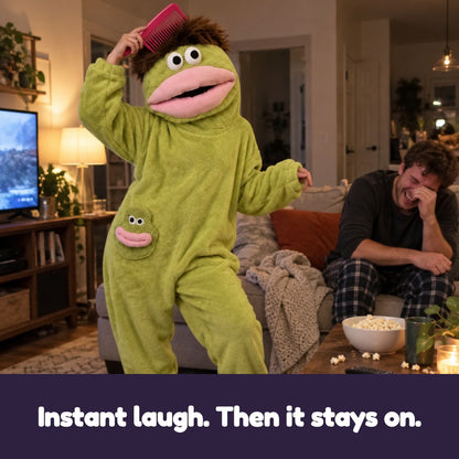 Woman in the green monster onesie combing its hair while her partner laughs