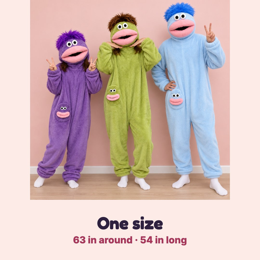 Three adults of different heights wearing the one-size monster onesie