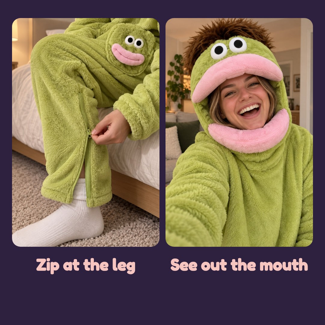 Zipper at the leg and a face peeking out of the monster mouth