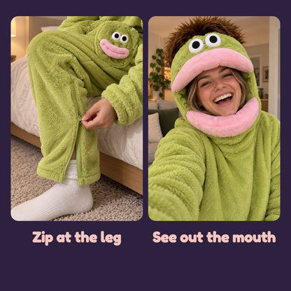 Zipper at the leg and a face peeking out of the monster mouth