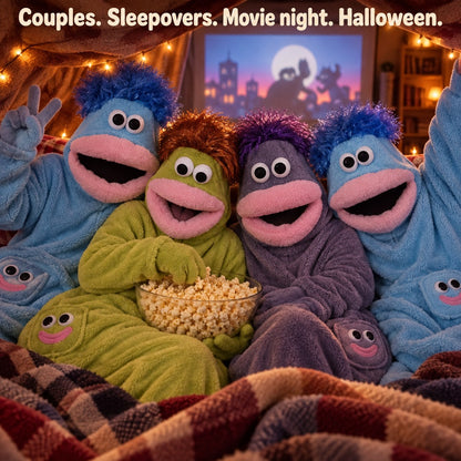 Friends in matching monster hoodies on movie night