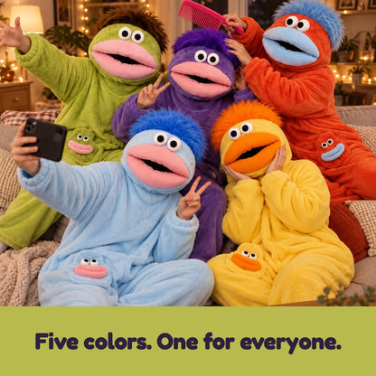 Five friends on a couch wearing all five monster onesie colors
